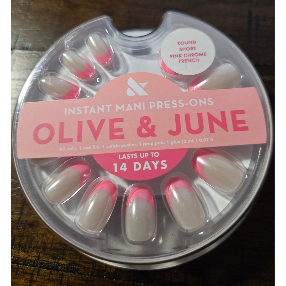 Olive & June Instant Mani Press-On Nails Pink Chrome French Round Short 42ct New